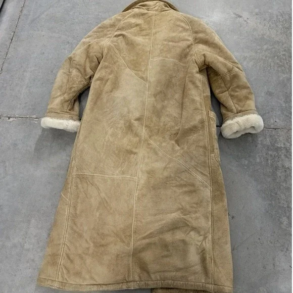 Vintage Tan Suede Shearling Coat Long Faux Fur Trim Toggle Jacket Tan Cream - Picture 7 of 10